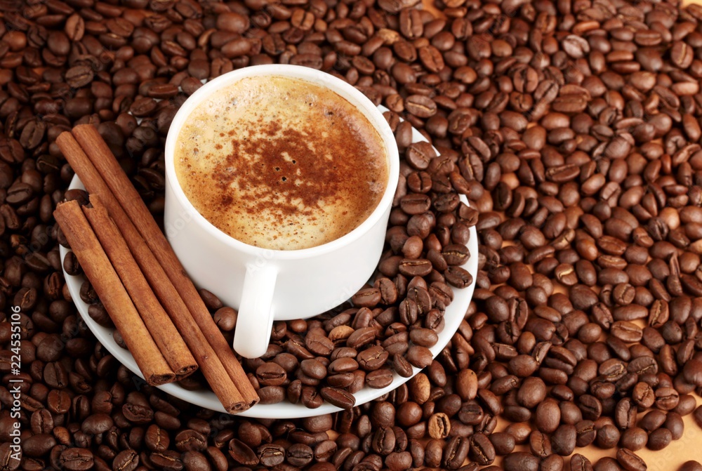Fototapeta premium Cappuccino or latte surrounded by coffee beans and cinnamon