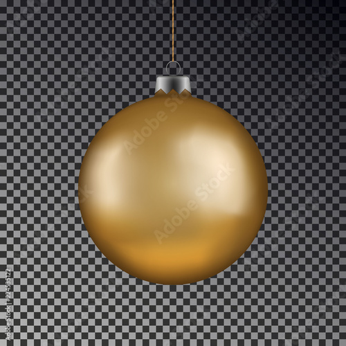 Christmas gold ball handing on string. Xmas vector bauble isolated on transparent background. New Ye