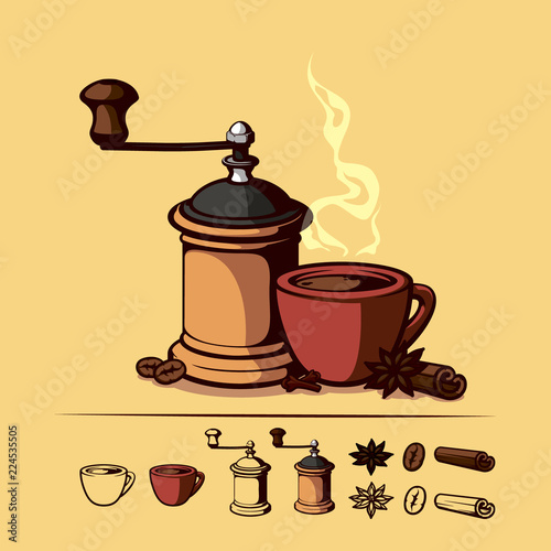 coffee set with a cup and a coffee grinder