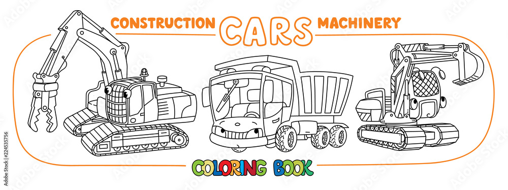 Construction equipment cars set. Coloring book