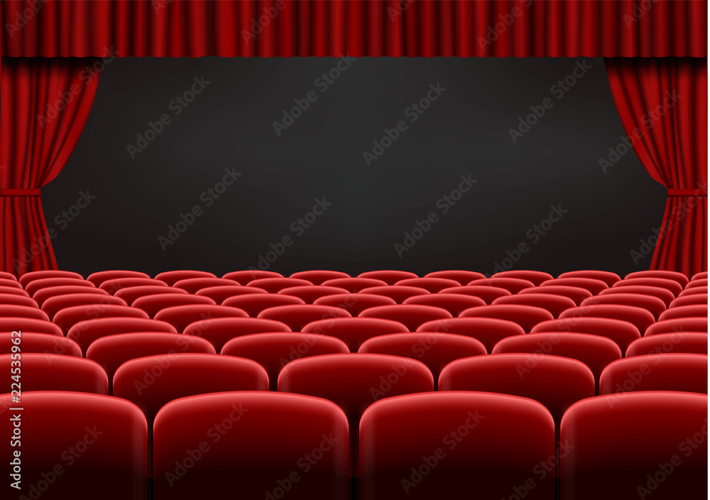 Naklejka premium Red open curtain with seats in theater. Velvet fabric cinema curtain vector. Opened curtains and sea
