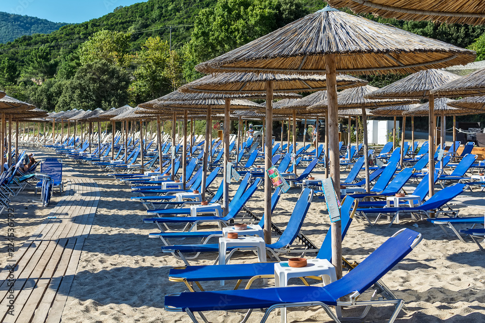 Fototapeta premium Olympiada, Greece - August 11, 2018: Proti Ammoudia beach, one of the most beautiful beaches in the Aegean Sea.
