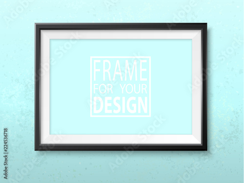 Frame on the wall. Photoframe mock up. Grunge wall. Simple empty framing for your business design. Vector template for picture, painting, poster, lettering or photo gallery. Blue picture frame.
