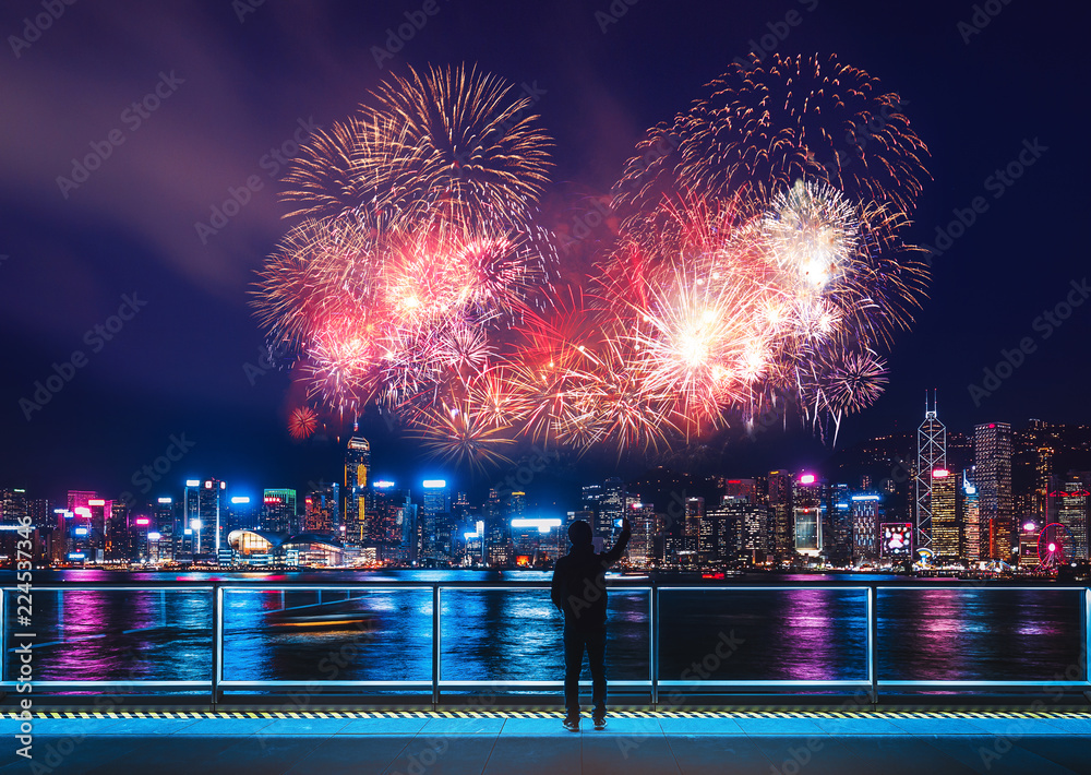Fototapeta premium Firework show in Hong Kong Victoria Harbor