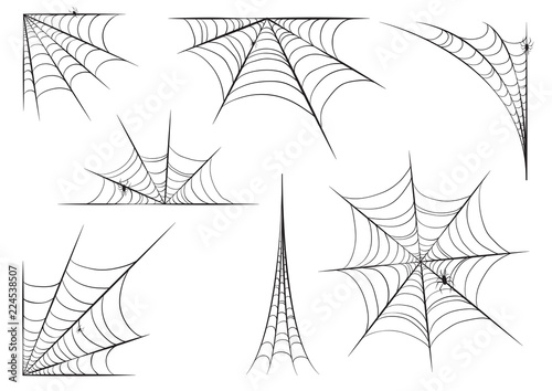 Halloween cobweb set in hand style with spiders. Vector illustration design.