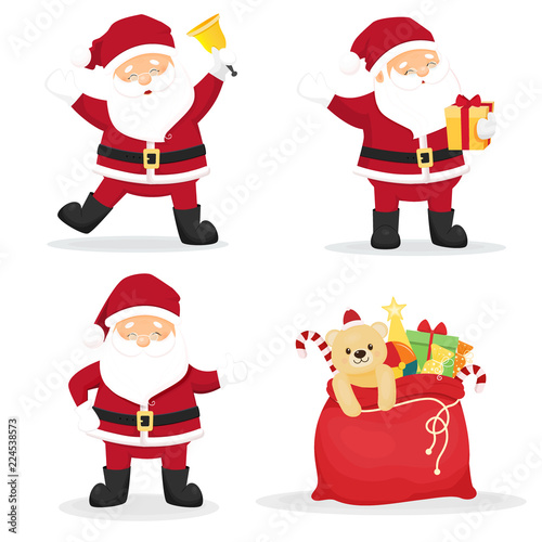Set of three cartoon Santa Clauses with bell, wish gift box, with thumb up and sack of gifts. Isolated on white background. Vector illustration