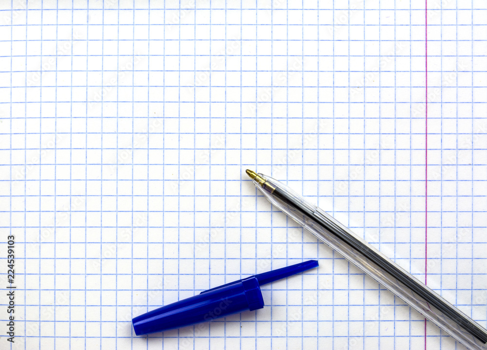 Student's notebook in a cage. On the sheet is a pen. Student's notebook in a cage. On the sheet is a pen.