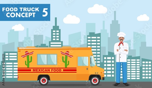 Flat vector illustration of food truck and cook on background with cityscape. Traditional Mexican street cuisine. Auto restaurant, mobile kitchen, hot fastfood, spicy food. Burrito, tacos, nachos.