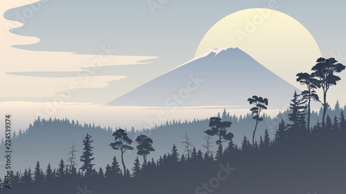 Horizontal illustration with forest hills and mountain peak.