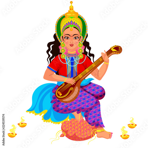 Diwali holiday goddess Saraswati with veena