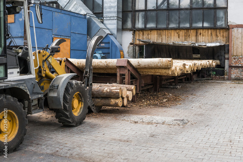 Fototapeta Naklejka Na Ścianę i Meble -  Forklift truck grabs wood in a wood processing plant. Large log loader unloading a log truck in the log yard at a conifer log mill. Processing of timber at the sawmill.