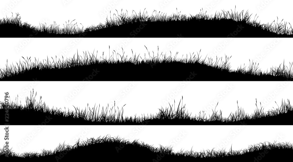 Horizontal banners of wavy meadow silhouettes with grass. - obrazy, fototapety, plakaty 