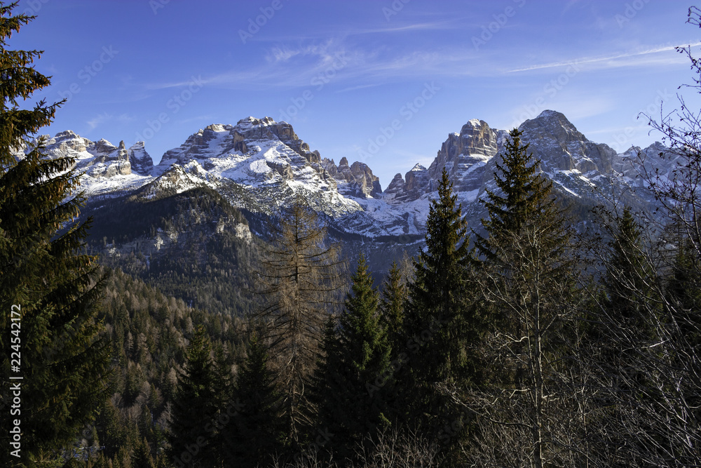 Panoramic view of the snowy peaks of the 