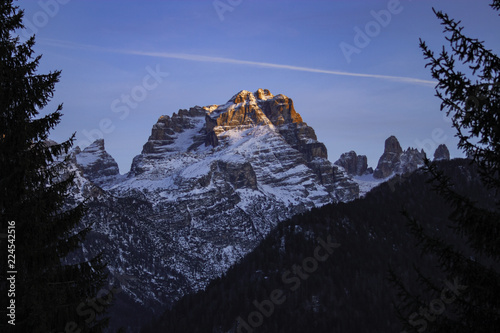 Panoramic view of the snowy peaks of the "Brenta Dolomites" in Trentino, Italy.