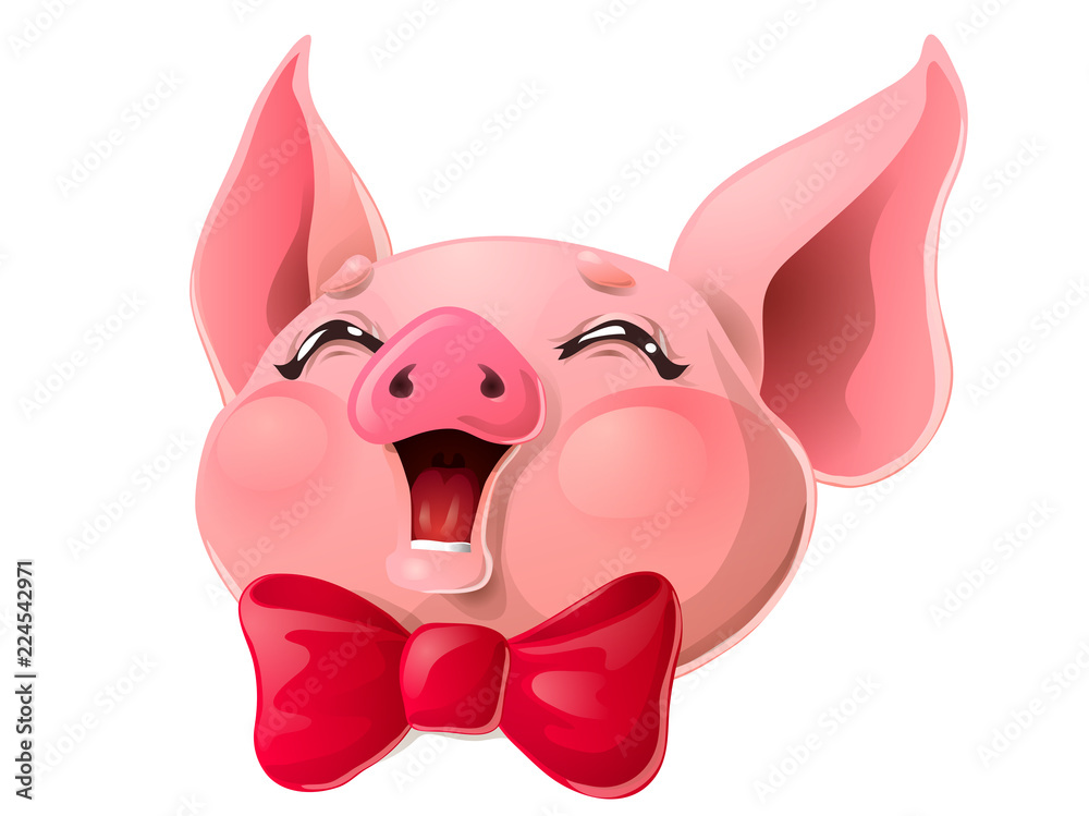 Obraz premium Joyful pink pig head and red bow on white