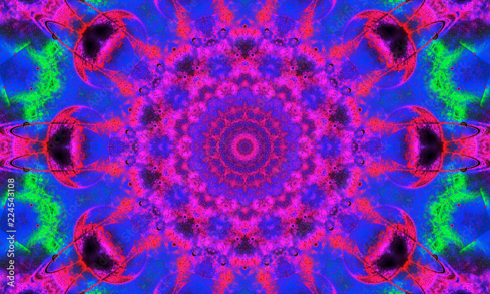 Pink and blue mandala Illustration with small green shapes and repetitive patterns. Pink and blue mandala Illustration with small green shapes and repetitive patterns.
