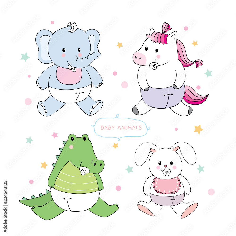 Cartoon cute baby animals vector.