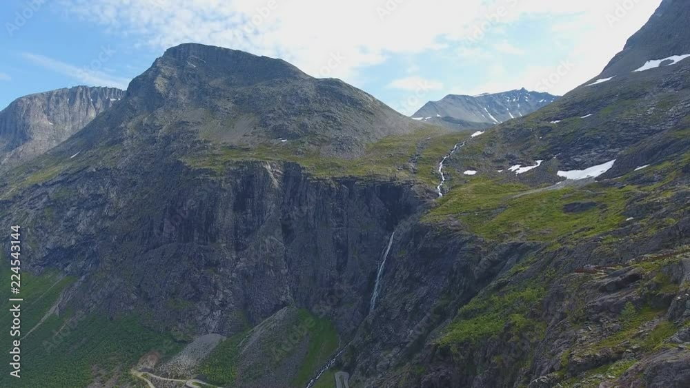 Aerial view of waterfall on Trollstigen road in Norway