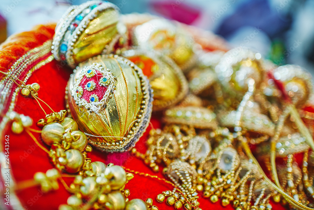 Selective focus of coconut decoration in gold for indian wedding Stock  Photo