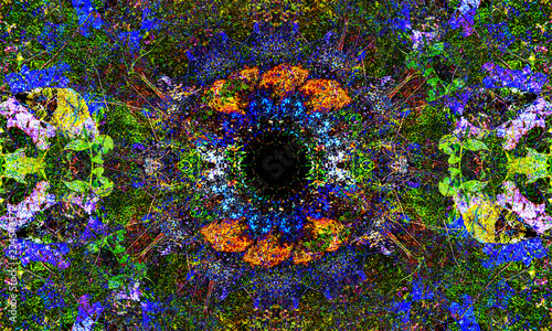 A colorful psychedelic mandala with very special details and shapes.
