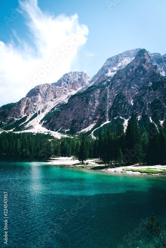 Beautiful view of Lago di Braies or Pragser wildsee  Italy.
