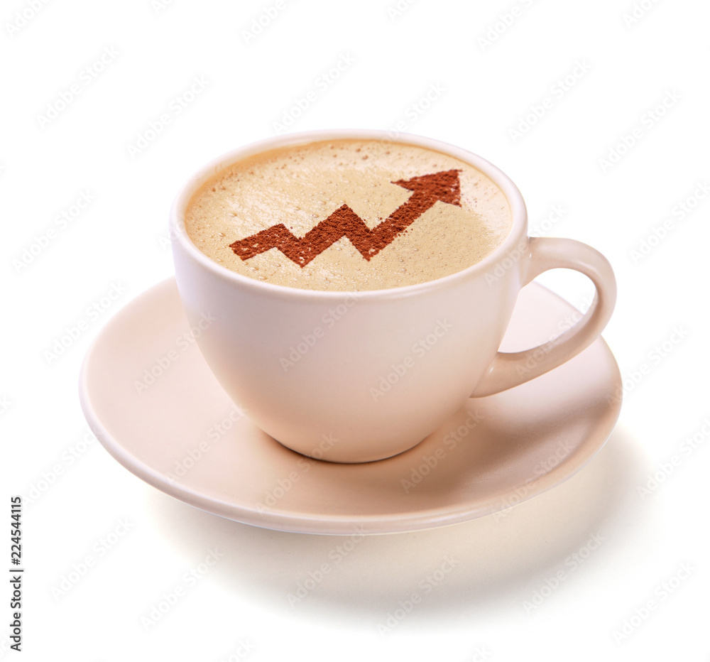 Cup of coffee with arrow up graph on foam. Increased risks of growth in coffee consumption Cup of coffee with arrow up graph on foam. Increased risks of growth in coffee consumption