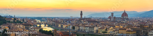 Florence Italy, sunset panorama city skyline with Ponte Vecchio bridge and Duomo