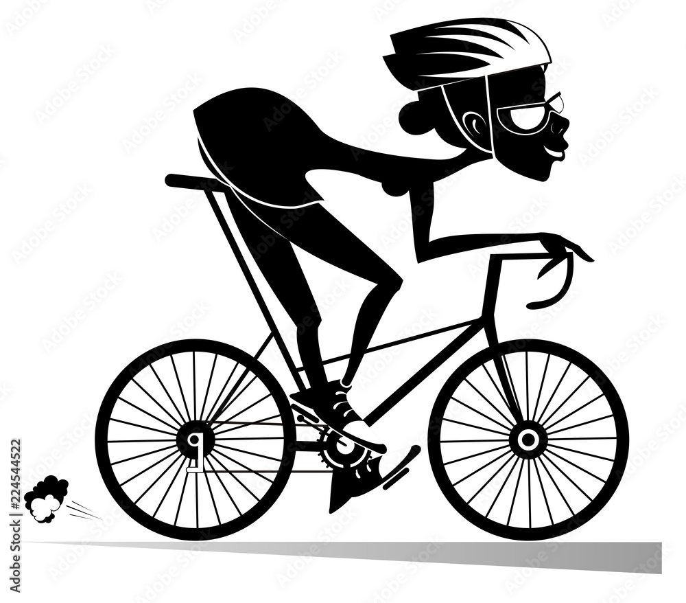 Obraz premium Cartoon woman rides a bike isolated illustration. Smiling woman in helmet rides a bike and looks healthy and happy black on white illustration 