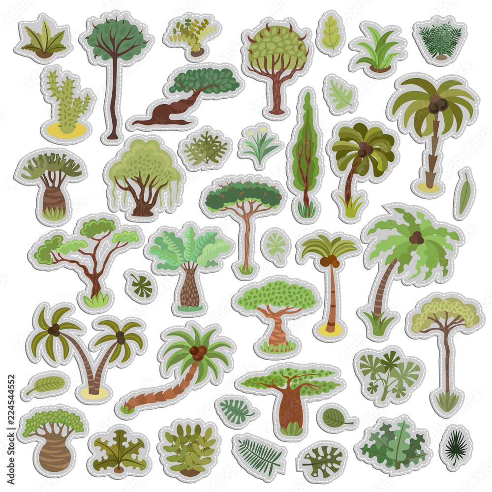 Collection of tropical trees stickers, palms and other tropical exotic