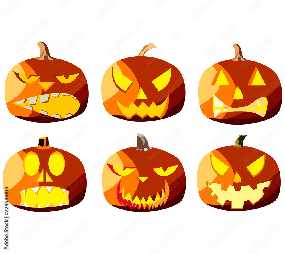 Obraz premium Set of six pumpkins for Halloween, objects isolated on white background