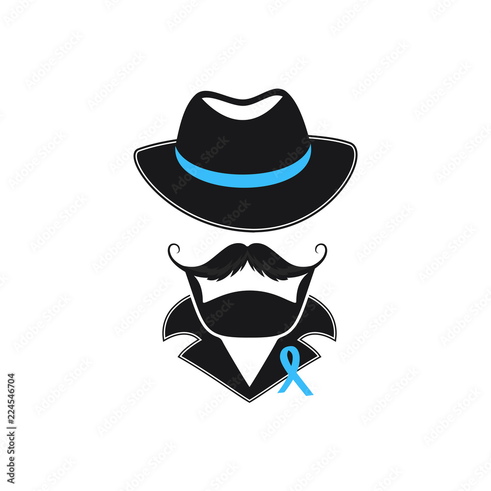 A man with a mustache in a hat and a blue ribbon on his collar. November hand drawn lettering. Prostate cancer Awareness Month .