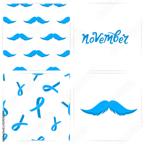 Seamless pattern with mustaches, blue ribbons. The hand drawn inscription is November. Card for Prostate Cancer concept.
