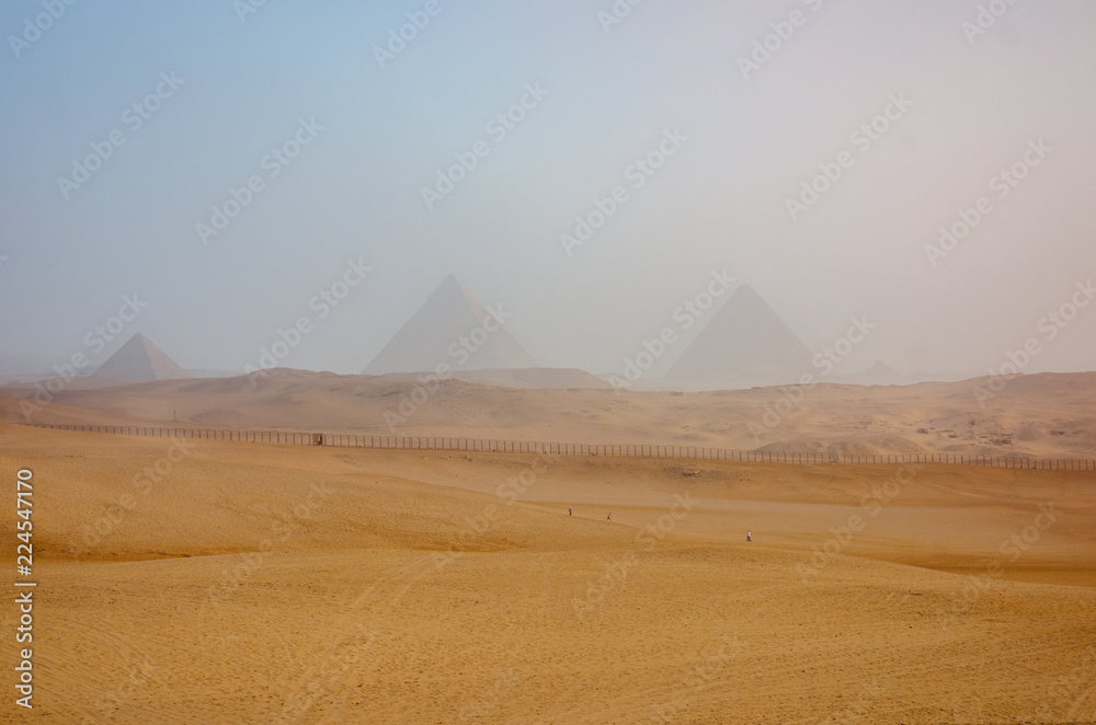 Foggy morning at the Pyramids complex in Egypt