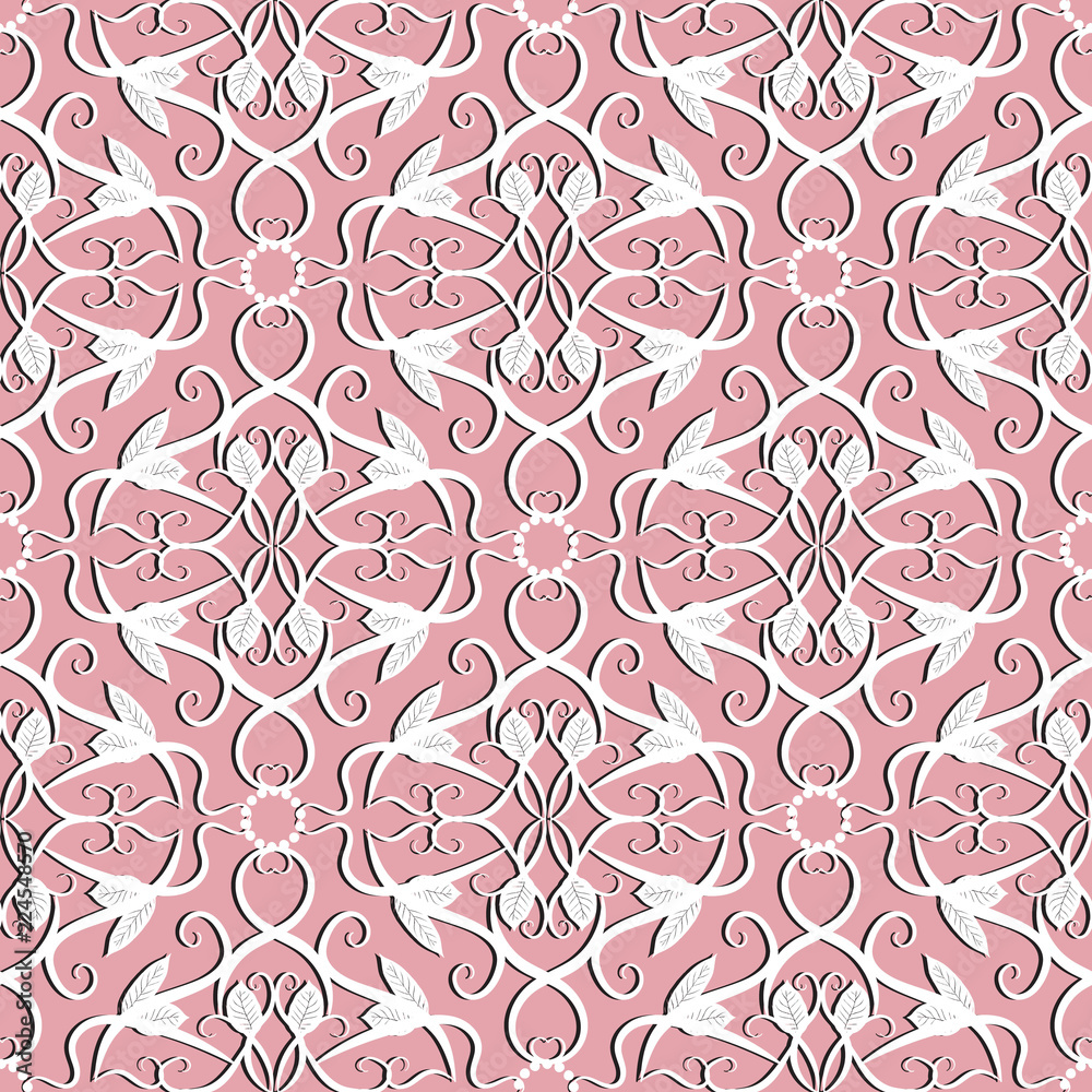 Elegance Damask vector seamless pattern. Ornamental floral light pink  background. White hand drawn vintage flowers, leaves, swirls, lines,  circles, dots. Lace ornament. Beautiful decorative design Stock Vector |  Adobe Stock