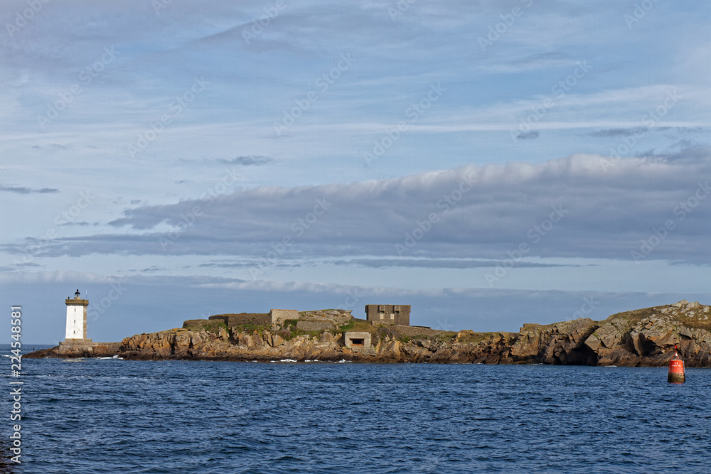 Blockhaus and lighthouse in the entry of Le Conquet harbour - Finistere, Brittany, France