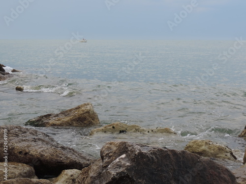 beach in the Adriatic sea with blue water, plants, yellow sand and with a wonderful panorama, hdr photos and made with a tripod © StudioRivoli