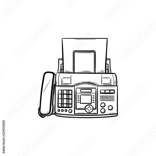 Fax machine with a sheet of paper hand drawn outline doodle icon. Business communication technology concept. Vector sketch illustration for print, web, mobile and infographics on white background.