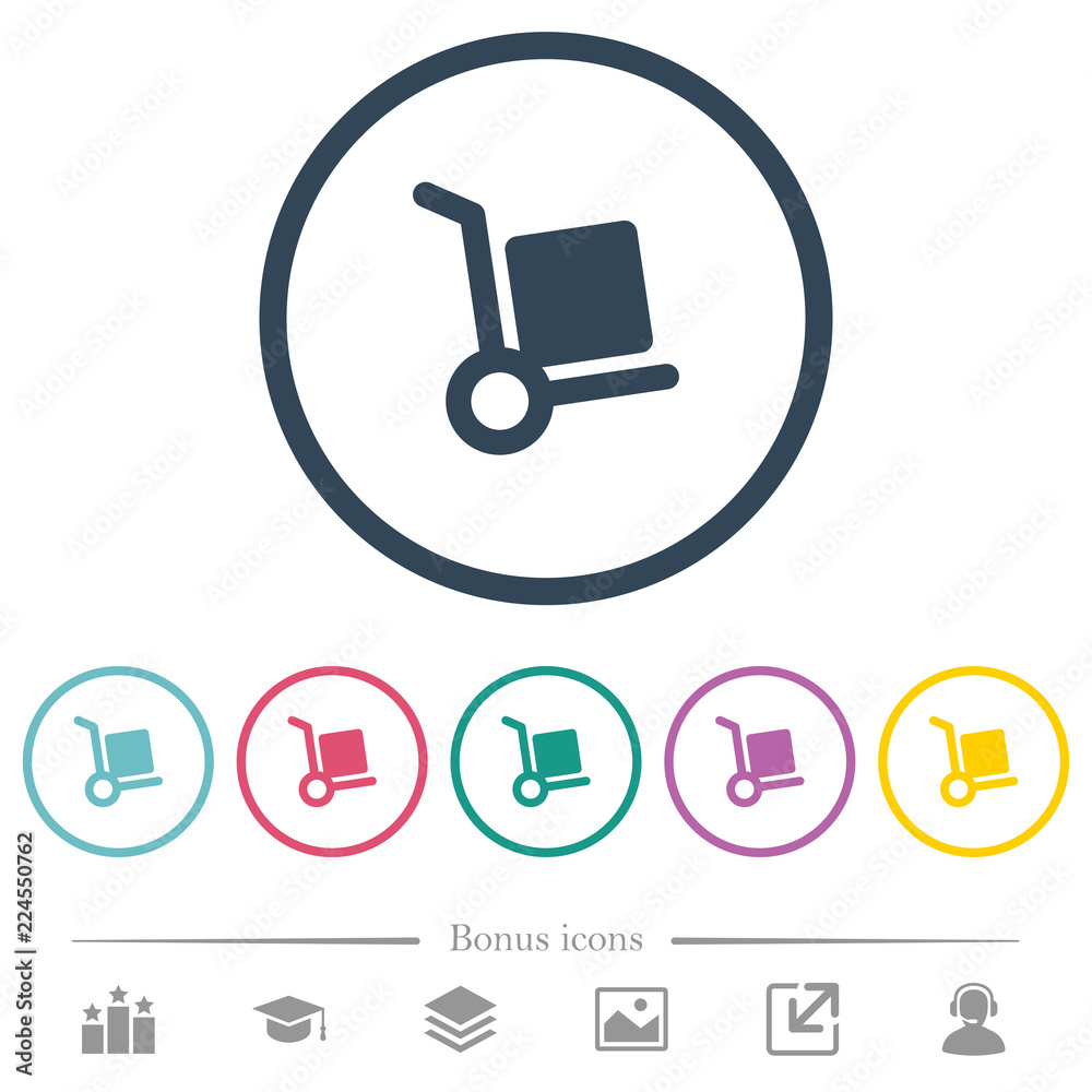 Hand truck flat color icons in round outlines