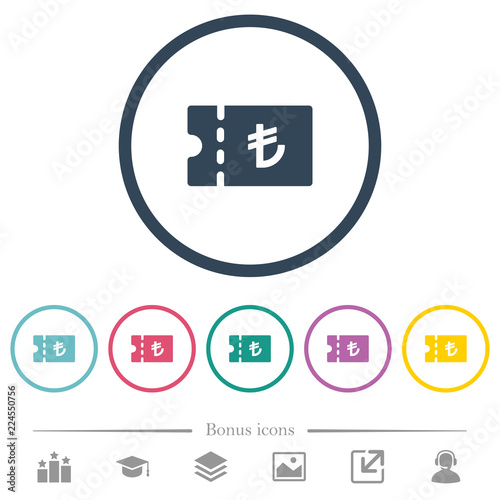 Turkish Lira discount coupon flat color icons in round outlines