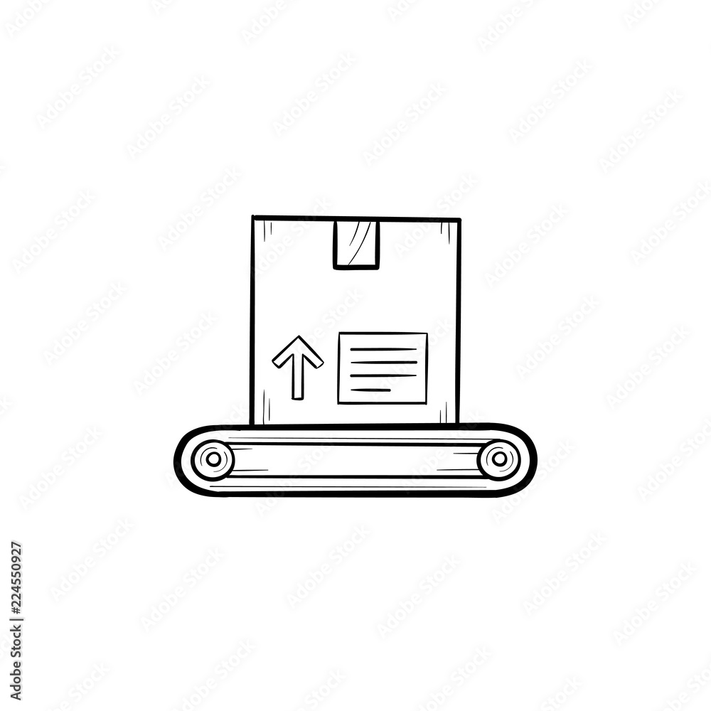 Conveyor belt with box hand drawn outline doodle icon. Machine packaging, automated production line concept. Vector sketch illustration for print, web, mobile and infographics on white background. Conveyor belt with box hand drawn outline doodle icon. Machine packaging, automated production line concept. Vector sketch illustration for print, web, mobile and infographics on white background.