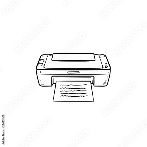 Office printer hand drawn outline doodle icon. Document printing, printer machine, printing equipment concept. Vector sketch illustration for print, web, mobile and infographics on white background.