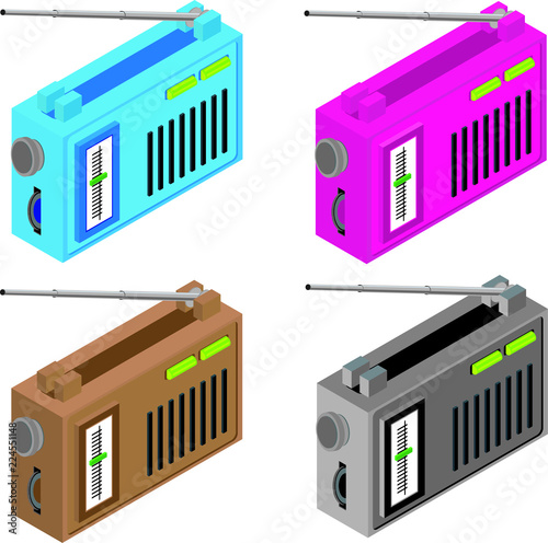 Set of radio receivers of different colors.
