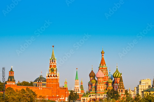 View on Spasskaya Tower and Saint Basil's Cathedral at Red Square of the Moscow Kremlin, Moscow, Russia