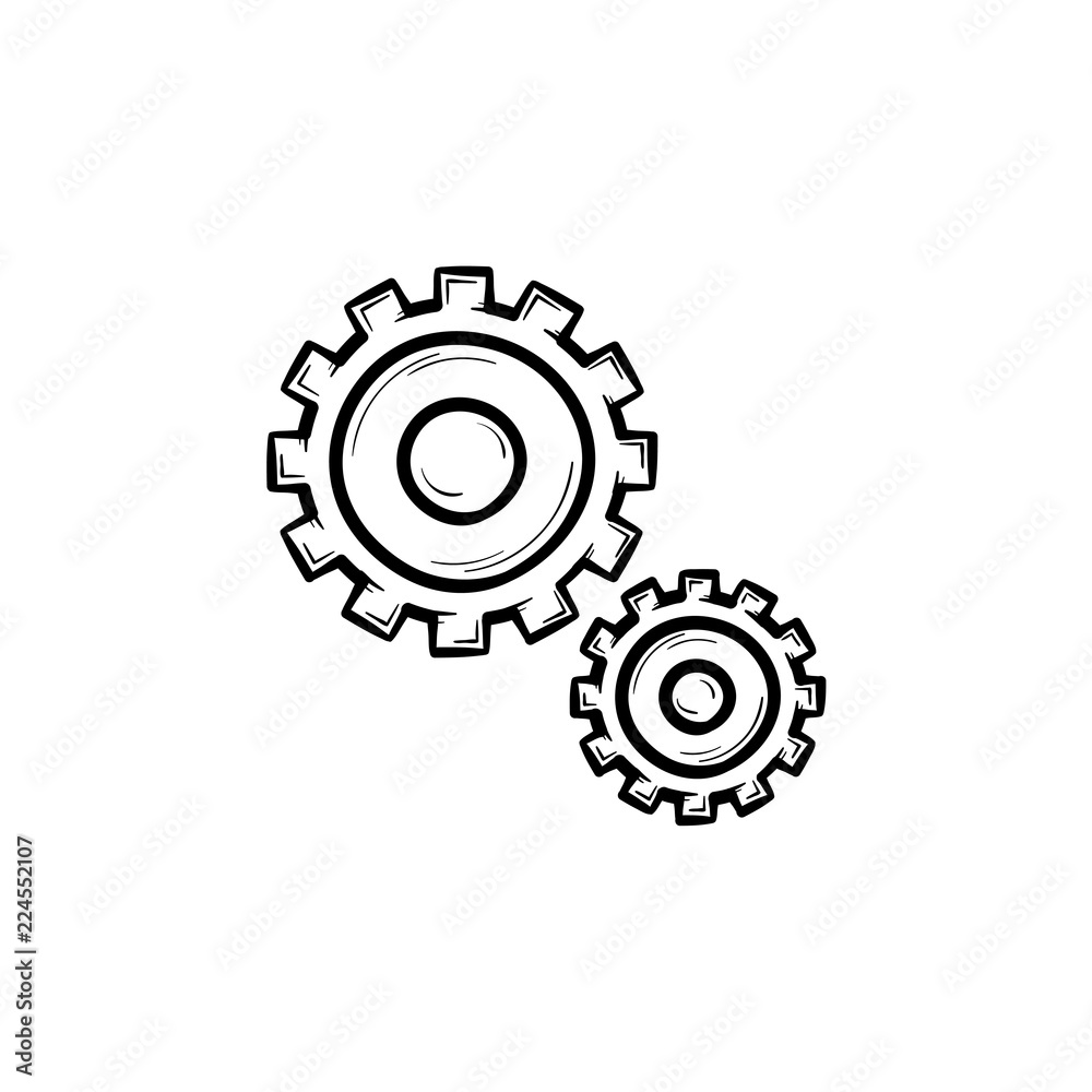 Set of two gears hand drawn outline doodle icon. Mechanics and cogs, engineering and mechanism concept. Vector sketch illustration for print, web, mobile and infographics on white background. Set of two gears hand drawn outline doodle icon. Mechanics and cogs, engineering and mechanism concept. Vector sketch illustration for print, web, mobile and infographics on white background.