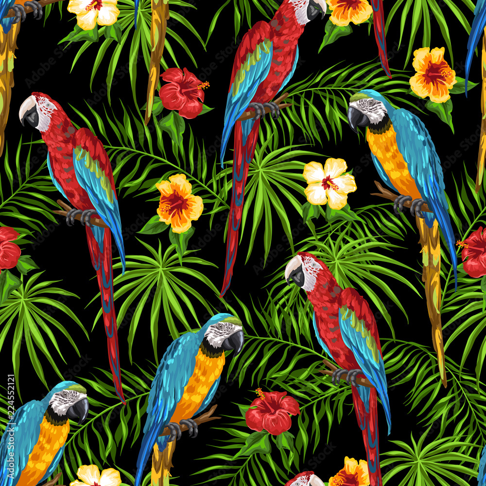 Fototapeta premium Tropical seamless pattern with parrots.