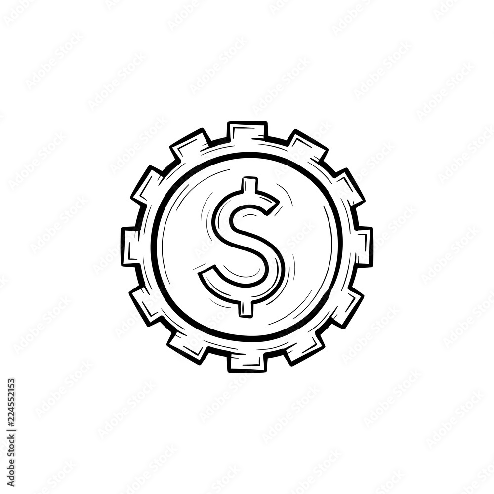 Cog with dollar inside hand drawn outline doodle icon. Making money and finance, investment and economy concept. Vector sketch illustration for print, web, mobile and infographics on white background. Cog with dollar inside hand drawn outline doodle icon. Making money and finance, investment and economy concept. Vector sketch illustration for print, web, mobile and infographics on white background.
