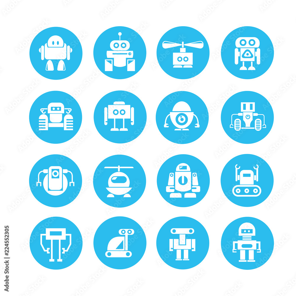 robot character icons in blue buttons robot character icons in blue buttons