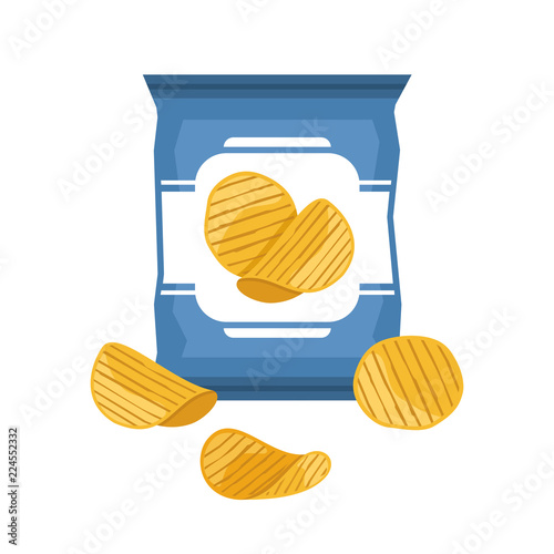 Bag of potato chips isolated on white background.