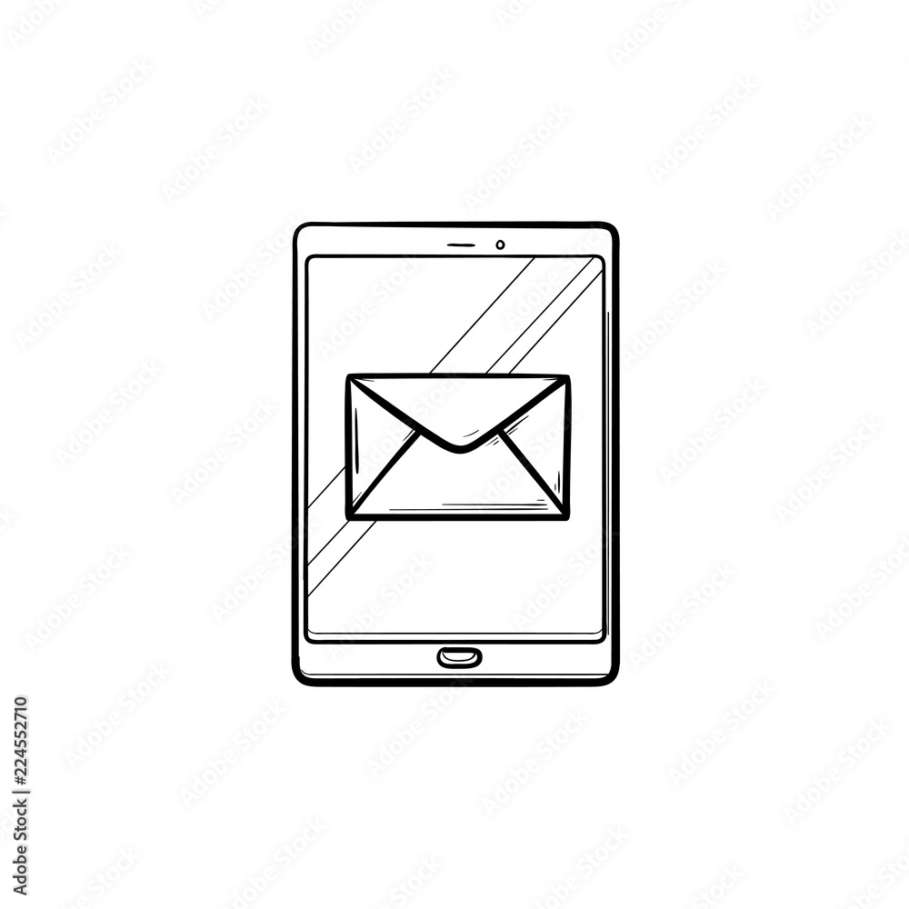 New email notification on mobile phone hand drawn outline doodle icon. Red e-mail message, inbox concept. Vector sketch illustration for print, web, mobile and infographics on white background. New email notification on mobile phone hand drawn outline doodle icon. Red e-mail message, inbox concept. Vector sketch illustration for print, web, mobile and infographics on white background.