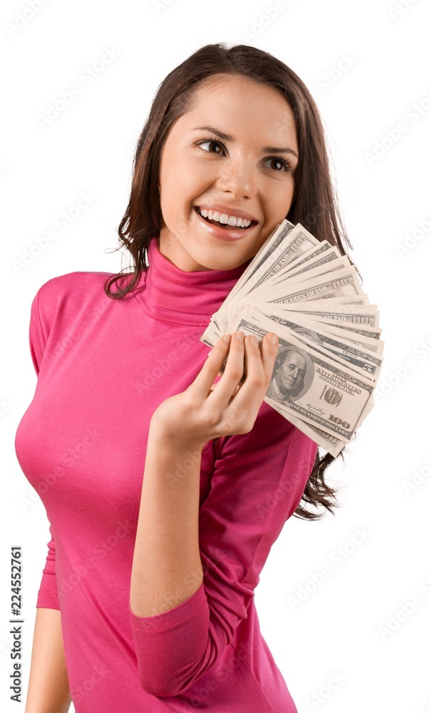 Woman fanned out holding cash holding money spending money cash Woman fanned out holding cash holding money spending money cash